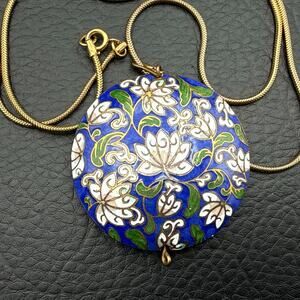 Vintage Cloisonné Necklace 24in Blue Enamel Lotus Flowers Domed Round Pendant
